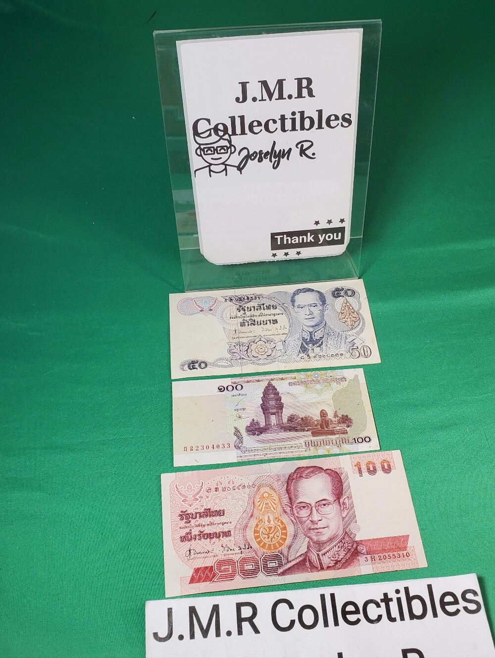 thai and cambodian banknote set: 100 baht, 100 riel, 50 riel - circulated